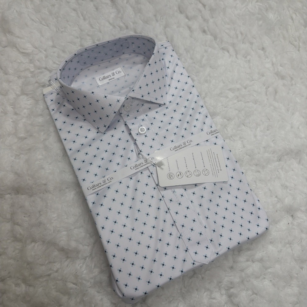 Collars and Co. Men's Medium Firm Dress Polo Shirt White Blue All Over AOP New!